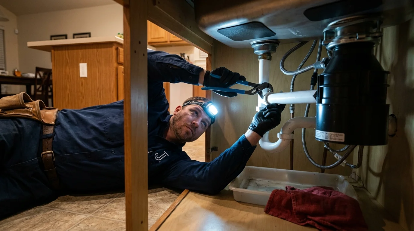 P-trap and supply line connections under a kitchen sink showing a common leak point in Lebec, CA